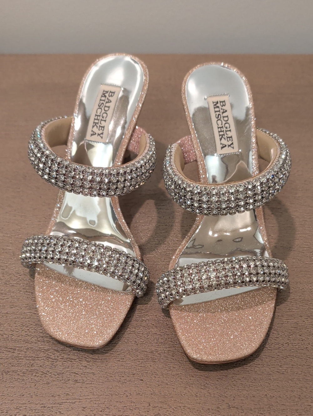 Badgley Mischka Rose Gold Crystal Double-Strap Heels